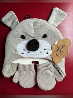 Kids Cozy Dog Beanie and Mittens Set - Gray